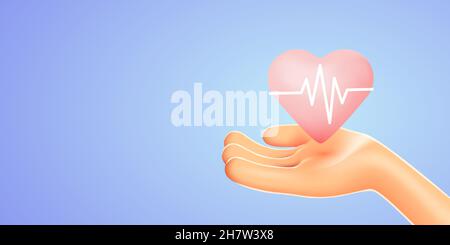 Gesundheits-, Medizin- und Wohltätigkeitskonzept - Nahaufnahme der Hand mit rosa Herz und EKG-Linie. Vektorgrafik Stock Vektor