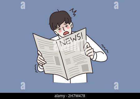 Schlechte Nachrichten und Medienkonzept. Junger Mann liest Nachrichten in der Zeitung und fühlt sich schockiert über negative Informationen Vektor Illustration Stock Vektor