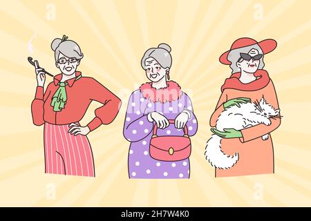 Stilvolles Konzept für Großmütter und alte Frauen. Gruppe von reifen grauhaarigen Frauen in stilvoller Kleidung stehen und fühlen sich modern und hübsch Vektor-Illustration Stock Vektor