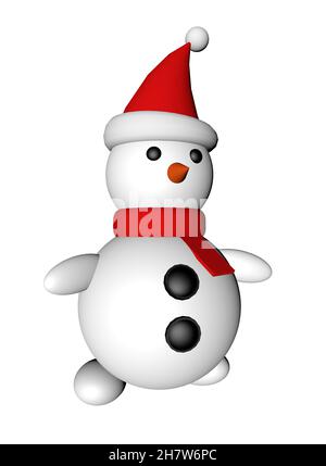 Schneemann in Weihnachtsmann Hut isoliert auf weißem Hintergrund, 3D Rendering Stockfoto