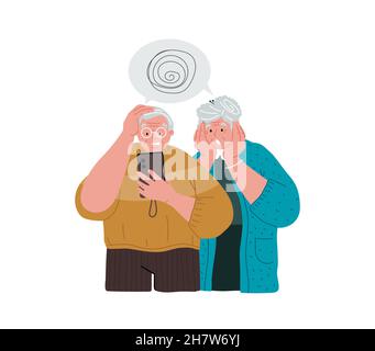 Paar ältere Menschen haben ein Problem mit Handy, Technology.Old Menschen verwenden Gadgets.Vector Illustration, concept.Großeltern haben Probleme mit Stock Vektor