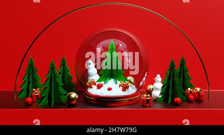 3D Illustration einer Weihnachts-Schneekugel mit Weihnachtsbaum, Schneemann, Geschenken und Weihnachtsbaumschmuck auf rotem Hintergrund. Glasschneegugel r Stockfoto