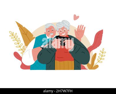 Großmutter hält ein Handy, Großvater winkt mit der Hand. Fröhliche Rentner mit mobilen Gadgets. Videoanrufe über das Telefon. Stock Vektor