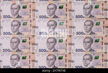 Geldhintergrund der Banknoten der ukrainischen Griwna. Stockfoto