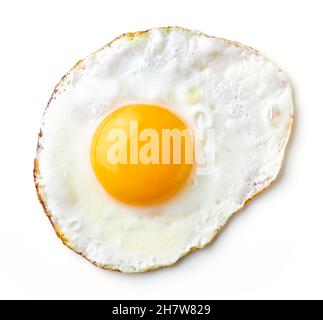 Spiegelei auf weißem Hintergrund, Ansicht von oben Stockfoto