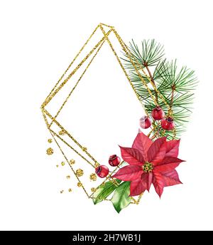 Aquarell-Rahmen mit goldenem Glitzer-Rahmen. Realistische Anordnung mit roter Weihnachtssterne, Kiefer und Folie. Botanische Blumendarstellung für Stockfoto