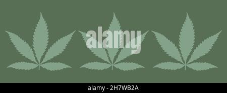 Flaches, einfaches Bannerdesign aus drei aufeinander folgenden Cannabis Indica-Blättern in bule-grüner Farbe vor grünem Hintergrund, schmal Held oder Posterbild Stockfoto