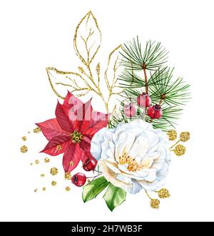 Wasserfarbenes Rosenstrauß mit roten Weihnachtssternen, goldenen Glitzerfloralen. Weihnachtsarrangement mit weißer Bräter-Blume, Kiefern und Glitter-Folie Stockfoto
