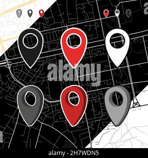 Sammlung von Zeigern auf der Karte Vektor Illustration. Übliche Symbole für die Gestaltung auf verschiedenen hellen und dunklen Hintergründen. Vektorsymbole Gruppierte Symbole. Stock Vektor