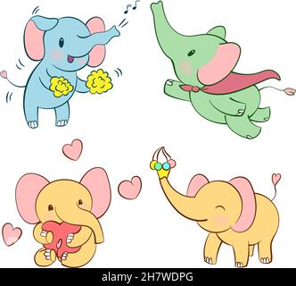 Emotionales Sticker-Set mit niedlichem Elefant in verschiedenen Farben. Kawaii-Stil. Cartoon Emoji Aufkleber mit Elefanten in verschiedenen Stimmungen. Vektorgrafik Stock Vektor