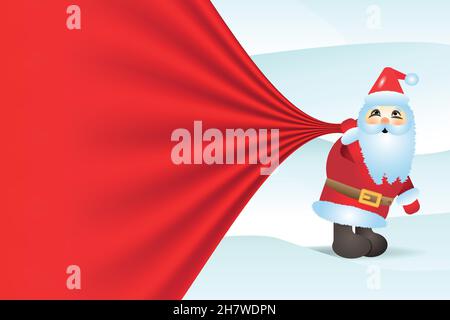 Cartoon santa zieht eine riesige Tasche mit Geschenken. Vorlage für Design, Ort für Text. Ihre Werbung auf der Tasche Stock Vektor