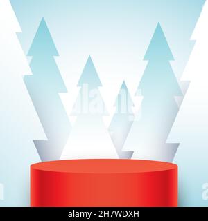 Rote Zylinder Bühne, stehend auf verschneiten Wald Hintergrund. Winter Urlaub Vektor-Hintergrund mit Weihnachtsbäumen und runden Sockel, mit leerem Raum. Stock Vektor