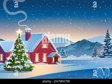 Ein Haus in einer verschneiten Weihnachtslandschaft in der Nacht. Stock Vektor