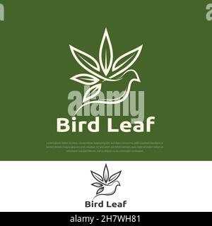 Fliegender Vogel Logo Linie Stil Marihuana Blatt Illustration, natürliche abstrakte Label Design Vorlage Design Stock Vektor