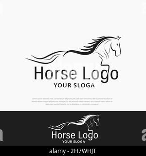 Pferdelogo. Stall, Farm, Valley, Company, Race Logo Design. Silhouetten von Pferden, Mustangs, Hengsten, Maskottchen, Wildpferden, arabische Tiere für rac Stock Vektor