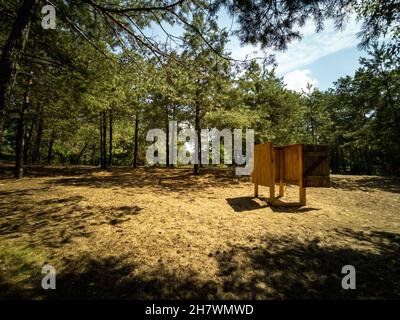 Umkleidekabine am Strand an einem Waldsee in einem Kiefernwald. Camping und aktive Erholung im Sommer außerhalb der Stadt. Horizontales Foto. Stockfoto