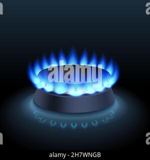 Reines Erdgas, blauer Kraftstoff. Flamme aus dem Brenner auf dunklem Hintergrund. Seitenansicht. 3D realistischer Vektor. Stock Vektor