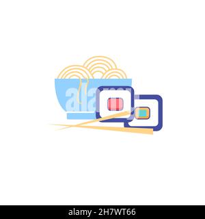Flaches Cartoon Sushi und Nudeln, Restaurant und Cafe Gerichte, Food Delivery Service Vektor Illustration Konzept Stock Vektor