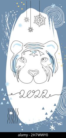 Hallo 2022 Winter Cover mit Tiger Kopf in Cartoon kontinuierlichen Stil. Design für Broschüren, Blogging Stories, Anwendungen. Hintergrund der Vektorvorlage Stock Vektor