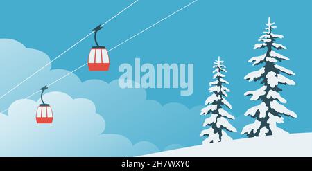 Ski Winter Resort. Seilbahn. Habe im Schnee gegessen. Hintergrund mit Wolken und blauem Himmel. Vektor Cartoon Illustration Banner Stock Vektor