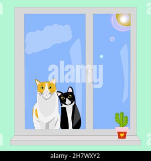 Zwei Katzen sitzen vor dem Fenster und beobachten hinter dem Glas Stock Vektor