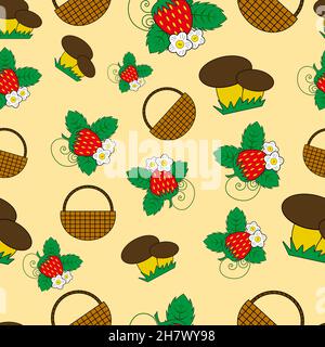 Das Muster besteht aus den Attributen des Herbstwaldes, Pilzen, Erdbeere, Korb. Geeignet für jeden Druck auf das Thema der Natur, Autum Stock Vektor