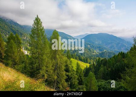 Die Spätsommerlandschaft in der Nähe des Alpendorfes Sauris di Sopra, Provinz Udine, Friaul-Julisch Venetien, Nordostitalien Stockfoto