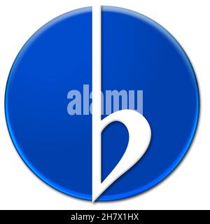 Weißes flaches Notizschild auf einem blauen, glasigen Knopf, isoliert auf weißem Hintergrund Stockfoto