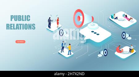 PR-Konzept. Vektor von Geschäftsleuten und Kunden, die online über mobile digitale Plattformen kommunizieren Stock Vektor