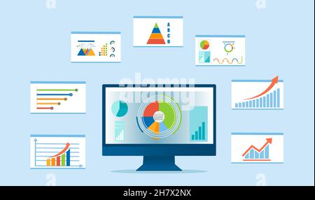 Vektor eines Desktop-Computers mit mehreren Finanzgraphen, Diagrammen und Diagrammen Stock Vektor