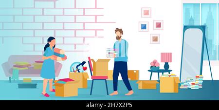 Vektor eines jungen Paares Umzug in eine neue Wohnung Wohnung Auspacken Boxen in einem Wohnzimmer. Stock Vektor
