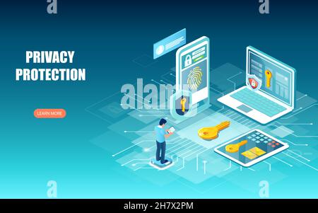 Online-Datenschutz- und Vertraulichkeitskonzept. Vektor eines Mannes, der mobile Geräte benutzt, um sicher im Internet zu surfen Stock Vektor