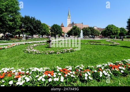 Medias, Rumänien, 14. Juli 2021: Stadtlandschaft mit Ferdinand-I.-König-Platz (Piata Regele Ferdinand I) und Grünpark im alten Stadtzentrum, in Transy Stockfoto