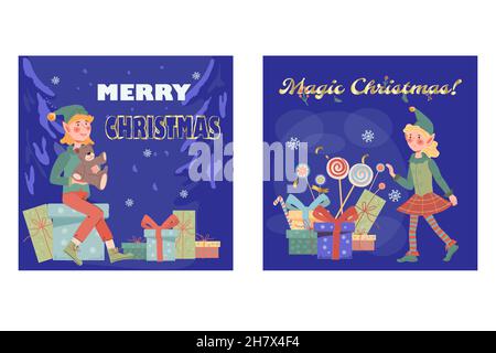 Weihnachtskarten und Weihnachtshintergründe mit Elfen-Figuren-Kollektion. Weihnachten Weihnachten und Neujahr Banner Layout für Einladung und gr Stock Vektor