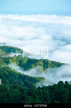 Bild des Bandarban-Hügeltraktes, Bangladesch. Natürliche Hügellandschaft mit Wolken. Stockfoto