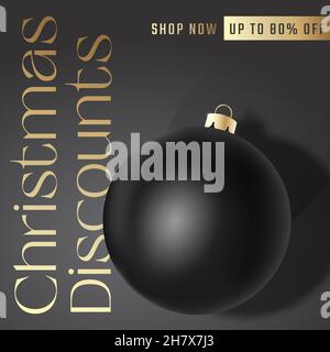 Weihnachten Vektor Werbung Social Media Postkarte oder Poster. Hintergrund der Saison-Promotion mit realistischer schwarzer Kugel und Textkopie-Bereich für den Verkauf. Neujahr Stock Vektor