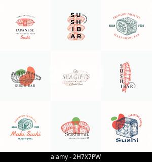 Traditionelle Asiatische Küche Vector Emblems Collection. Japanisches Essen abstrakte Zeichen, Symbole oder Logo Vorlagen Set. Handgezeichnete Sushi-Rollen oder Maki Sushi Stock Vektor