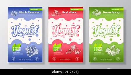 Früchte, Beeren Joghurt Label Vorlagen Set. Abstract Vektor Milchverpackungen Design Layouts Sammlung. Modernes Banner mit handgezeichneter schwarzer Johannisbeere Stock Vektor