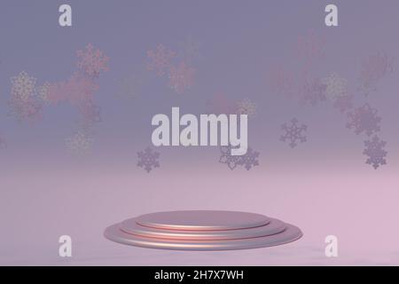 Festlich fliegende Weihnachtsschneeflocken auf pastellviolettem Hintergrund. Winterkomposition mit rundem leerem Podium für das Neujahrsdesign. 3D Abbildung Stockfoto