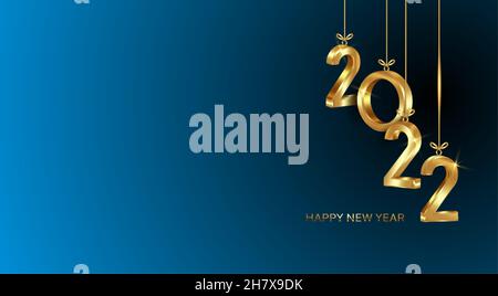 Frohes Neues Jahr 2022. Hängende goldene 3D Zahlen, Banner Weihnachten Thema. Holiday Design für Grußkarte, Einladung, Kalender, Party, Gold Luxus vip Stock Vektor
