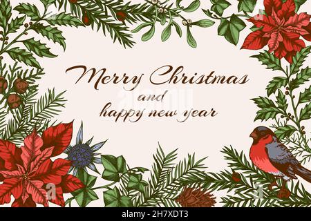 Vintage Weihnachtskarte mit immergrünen Pflanzen und Bullfinch Vogel. Dekorativer Hintergrund für Weihnachten und Neujahr. Von Hand gezeichnet Stockfoto