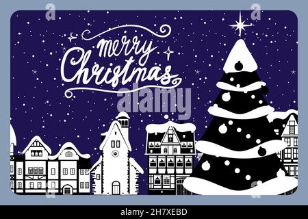 Retro Banner Frohe Weihnachten, Winter Europa Altstadt Stadtbild. Grußkarte zur Stadtlandschaft. Vektor Illustration Cartoon Retro-Stil Stock Vektor