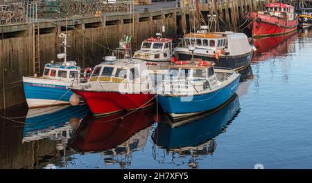 Kleine Fischerboote liegen an einem Kai und spiegeln sich im Hafenwasser. Hummertöpfe sind auf dem Kai gestapelt. Stockfoto