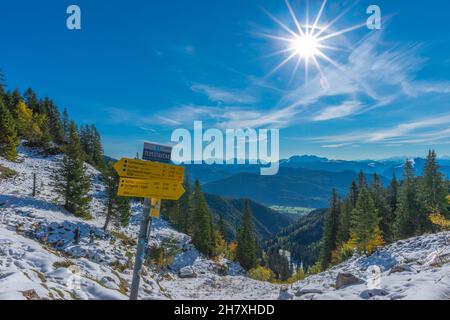 Treffpunkt für Führungen auf der Kampenwand auf ca. 1500m m ü.d.M., Willkommenseinschrift in bayerischem Dialekt, Oberbayern Süddeutschland Stockfoto