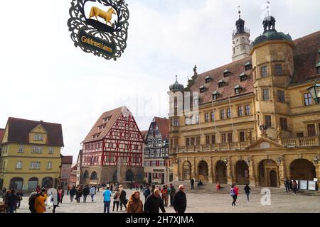 Rothenburgs ob der Tauber Center - Marktplatz und Rathausturm Stockfoto