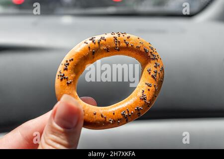 Hand hält einen einzigen runden traditionellen russischen Bagel namens bublik bestreut mit Mohnsamen Makro-Nahaufnahme als Cracker Brot für Naschen Stockfoto