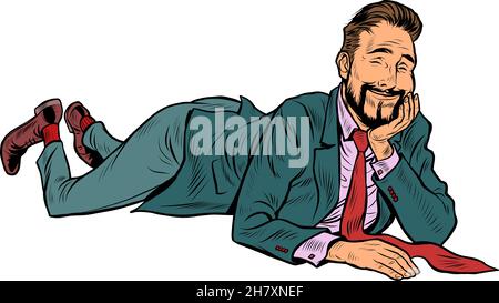 Der fröhliche Geschäftsmann lügt. Entspannte lustige Pose. Ruhe und Entspannung Stock Vektor
