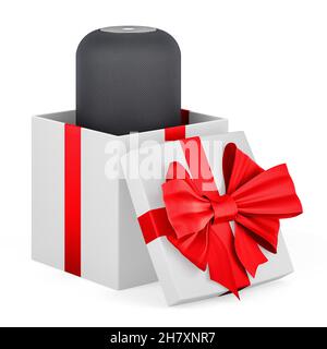 Smart Lautsprecher in Geschenkbox, präsentieren Konzept. 3D Darstellung isoliert auf weißem Hintergrund Stockfoto