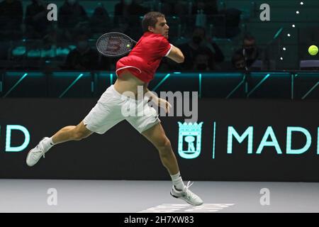 Turin, Italien. 25th. November 2021. Borna Gojo (Kroatien) im Spiel gegen Alexei Popyrin (Australien) während des Davis Cup Finals 2021, Tennis Internationals in Turin, Italien, November 25 2021 Quelle: Independent Photo Agency/Alamy Live News Stockfoto