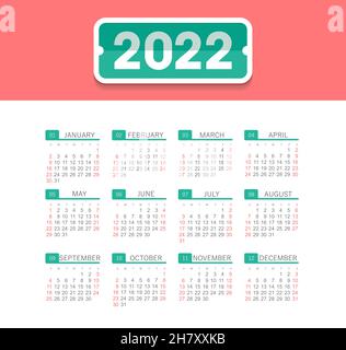 Kalender 2022 Jahr. Farbvektorvorlage. Die Woche beginnt am Sonntag. Grundraster. Ready-Design Stock Vektor
